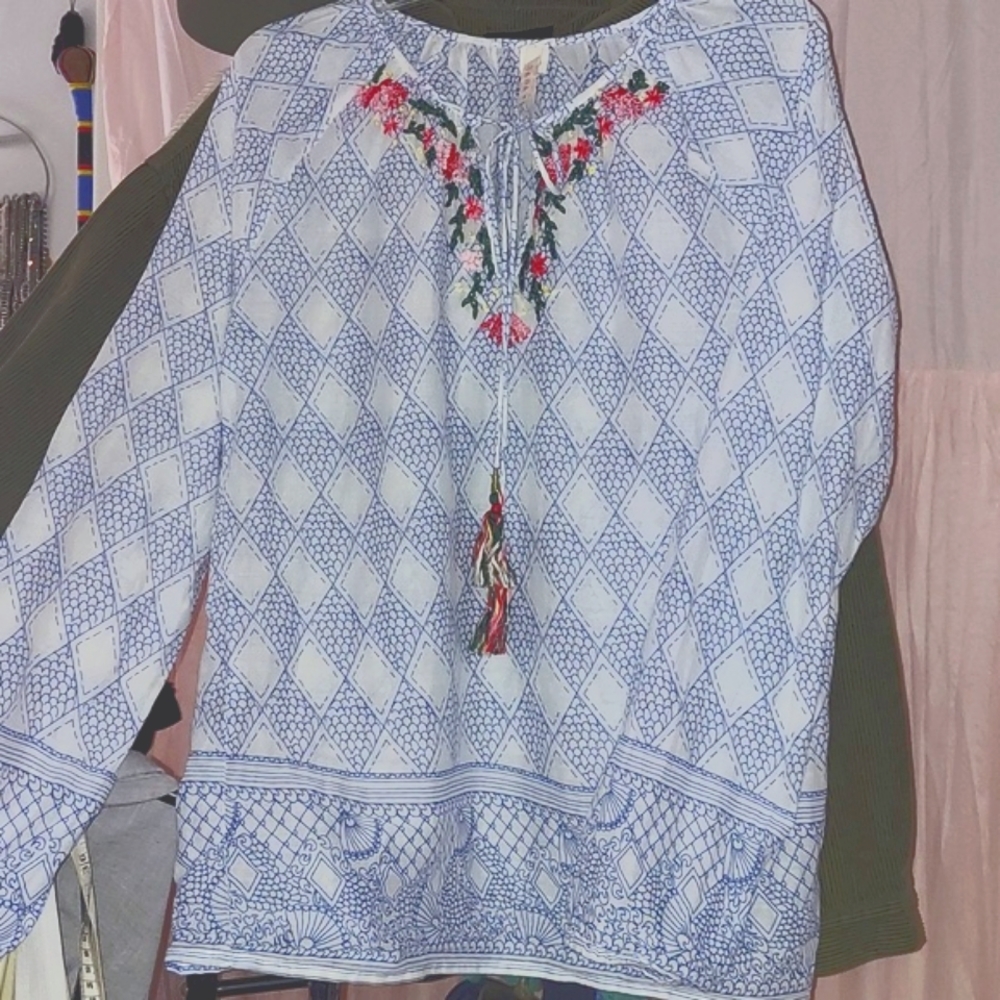 RAGA Women’s  Santa Barbara Embroidered Tie Flowy Boho Peasant Blouse Top Sz S